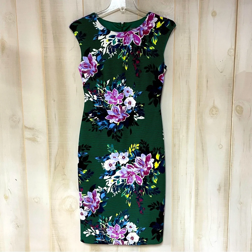 Vince Camuto Green Black Purple Stripe Floral Sleeveless Cocktail Dress Sz 4 - Picture 1 of 7